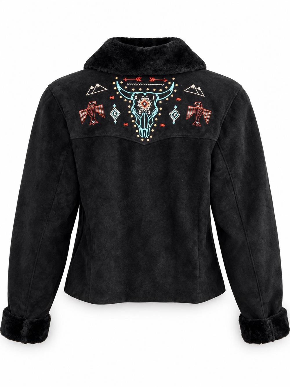 Rock & Roll Denim Womens L Black Faux Suede Fur Embroidered Western Jacket Skull
